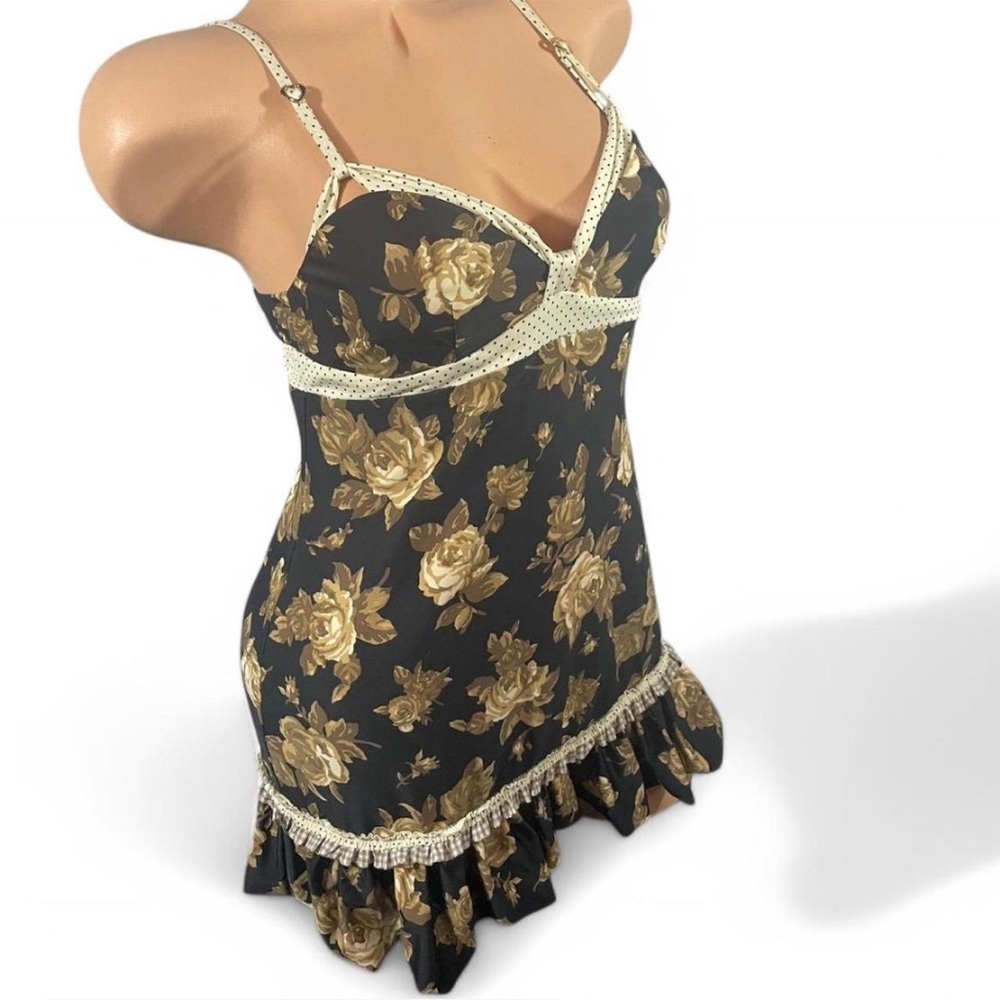 Betsey Johnson Black and Gold Floral Chemise Swim Coverup Slip Retro Vtg M - Picture 3 of 7